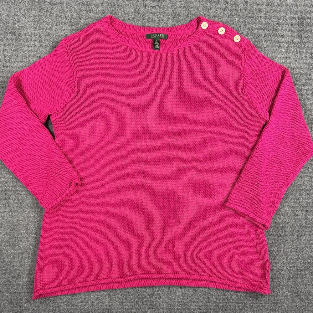 Lauren Ralph Lauren Sweater Womens 1X Pink Knit Acrylic Shoulder Button Pullover